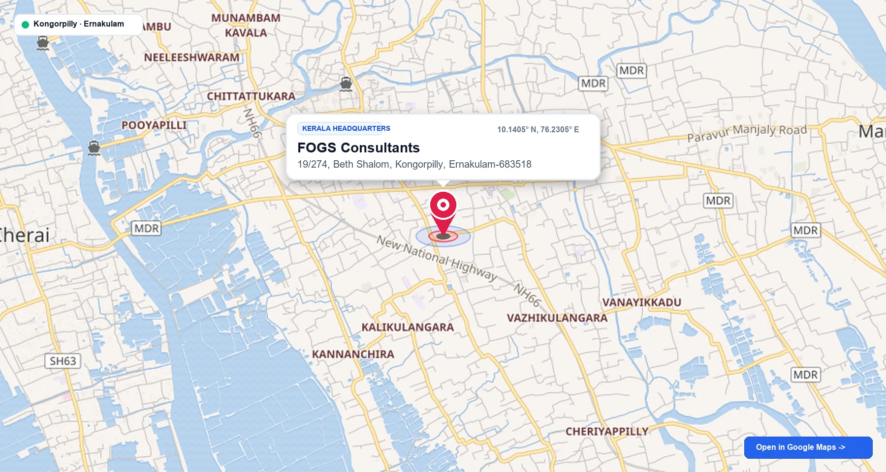 Location map showing FOGS Consultants office in Kongorpilly, Ernakulam, Kerala
