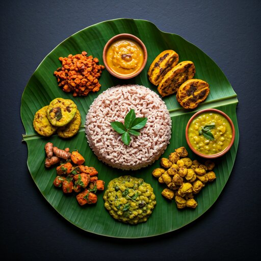 A well-balanced Kerala thali with rice, vegetables, and protein