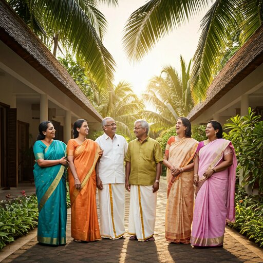 A multi-generational Kerala family sitting together outdoors