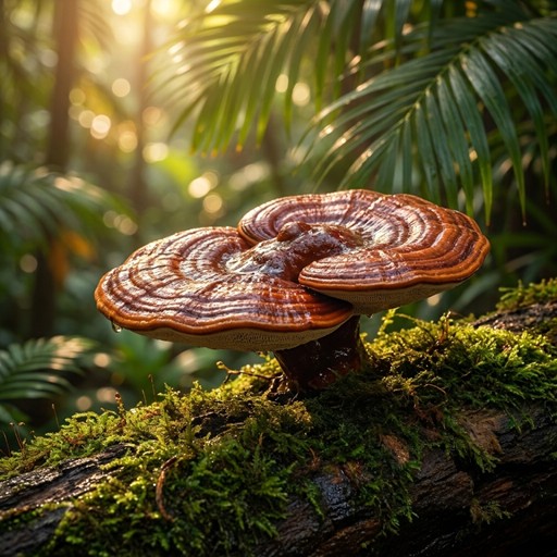 Sliced Ganoderma mushroom prepared for brewing, set beside a warm drink