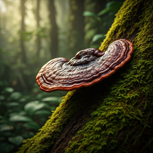 Dried Ganoderma slices arranged on a clean wooden shelf
