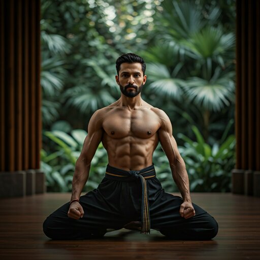 An adult practicing a gentle yoga pose as part of a fitness routine
