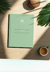 A consistent morning routine flatlay including a clock and journal