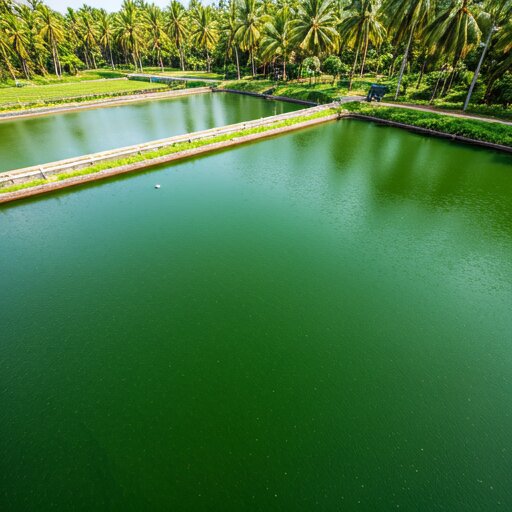 A commercial spirulina cultivation pond with visible algae growth