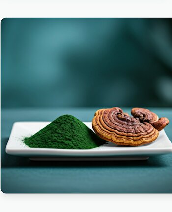 A plate of whole foods including greens, grains, and natural supplements