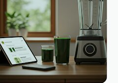 A Kerala kitchen counter set up with wellness staples and fresh ingredients