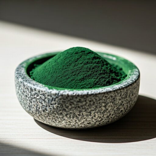 A stone bowl filled with vivid green spirulina powder