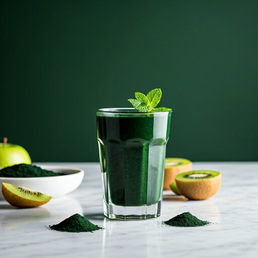A glass of spirulina smoothie garnished with mint, styled with fresh fruit