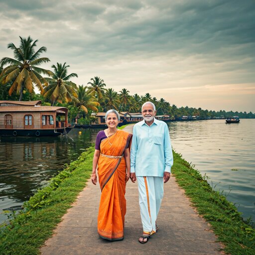 Two people walking together along a Kerala backwater path