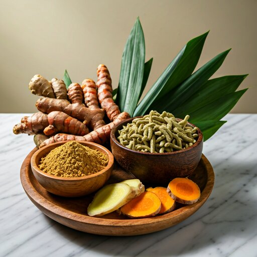 Fresh turmeric root and ground turmeric powder on a wooden surface
